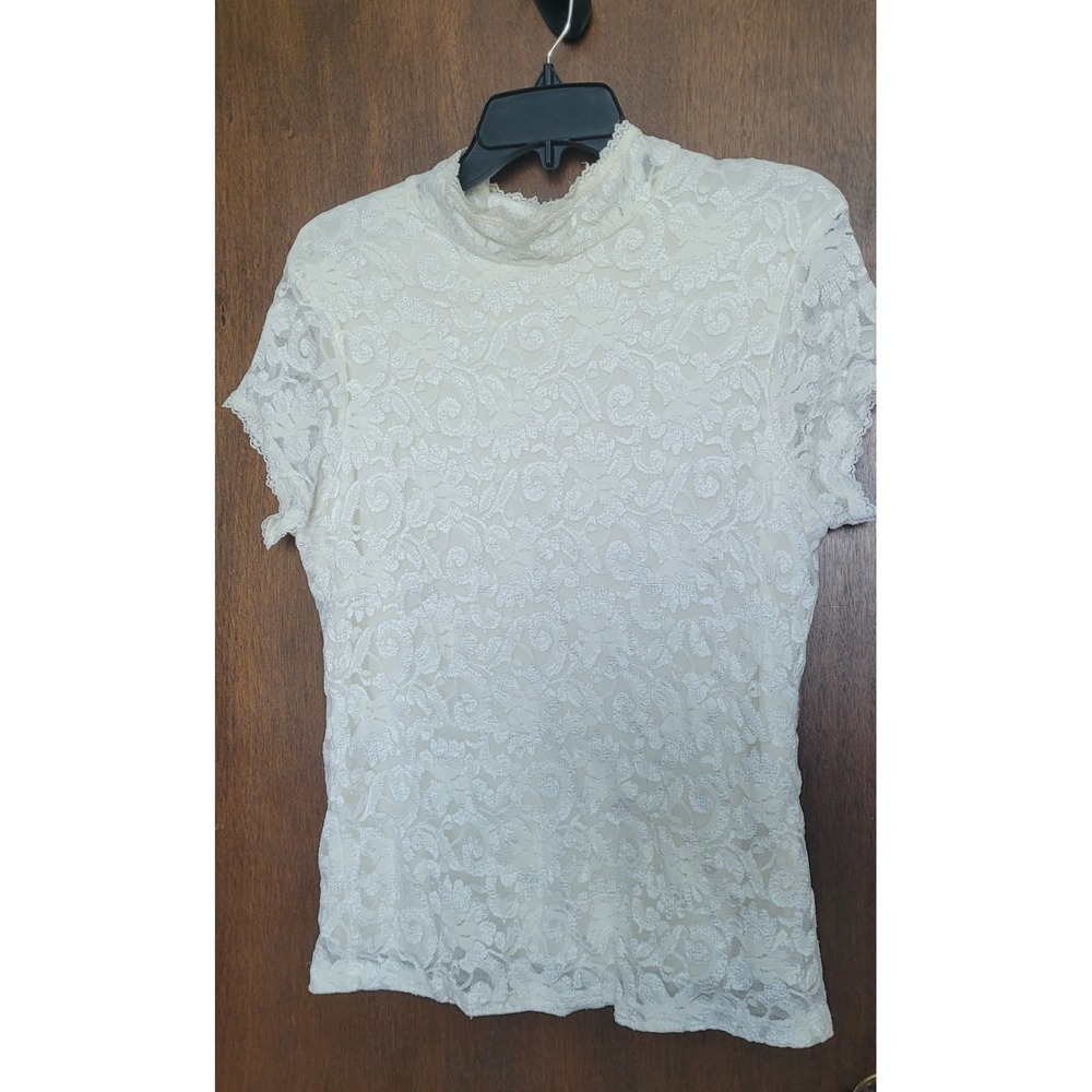 Uniform John Paul Richard Women's XL Cream Floral Lace Mock Neck Cap Sleeve Top